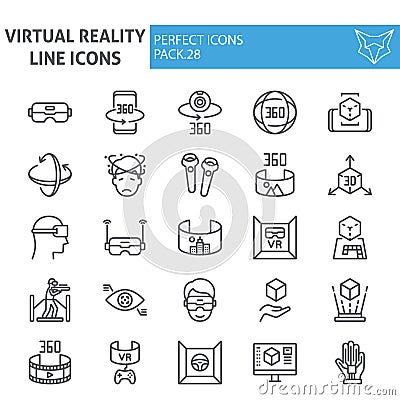 Virtual reality line icon set, augmented reality symbols collection, vector sketches, logo illustrations, game Vector Illustration