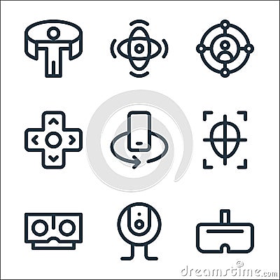 Virtual reality line icons. linear set. quality vector line set such as vr glasses, webcam, stereoscope, shoot, mobile rotation, Vector Illustration