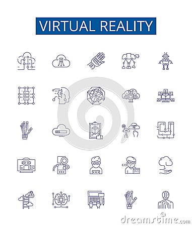 Virtual reality line icons signs set. Design collection of Virtual, Reality, Augmented, Simulation, 3D, Immersive Vector Illustration