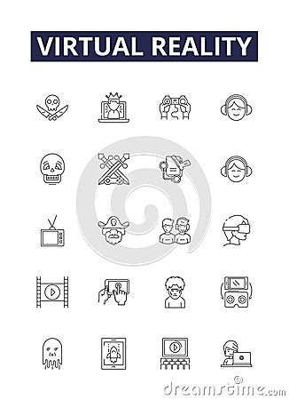 Virtual reality line vector icons and signs. Virtual, Reality, Simulation, Immersive, Augmented, Interactive, 3D, Oculus Vector Illustration