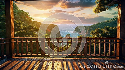 Virtual Reality Panoramic View with Wood Deck and Natural Ocean Scenery. AI Generated Stock Photo