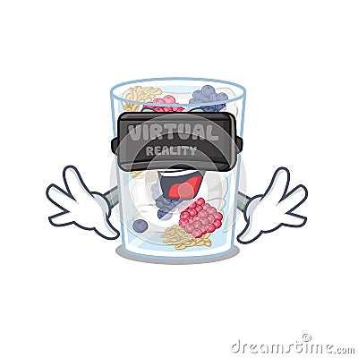 Virtual reality parfait above the wooden table mascot Vector Illustration