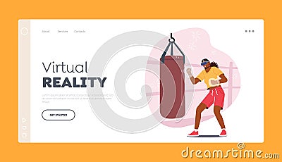 Virtual Reality Recreation Landing Page Template. Woman in Vr Goggles Fighting with Punching Bag. Battle Game Technology Vector Illustration