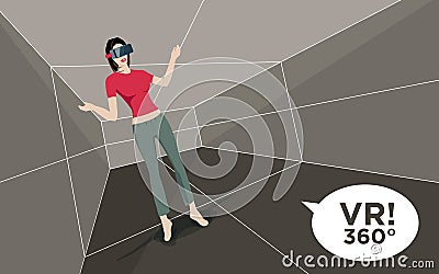 Virtual reality room with woman and 3D glasses Vector Illustration