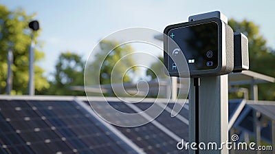 A virtual reality simulation of a solar panel installation including a simulation of the monitoring and regulating Stock Photo