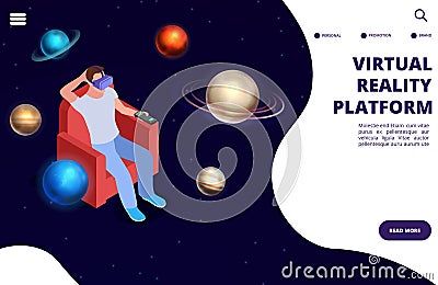 Virtual reality space travel isometric vector concept. Space augmented reality illustration Vector Illustration