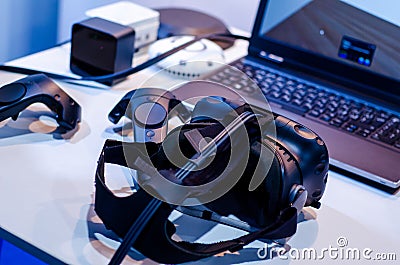 Virtual reality system. VR headsets with controllers Stock Photo