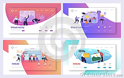 Virtual Reality Technology Landing Page Set. Augment Visual Game for Future Excited User Character. Fiction Cyberspace Vector Illustration