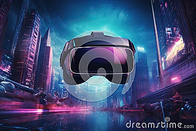 Virtual reality technology world background with VR or AR headset glasses, cyber space futuristic scene, playing virtual game Stock Photo