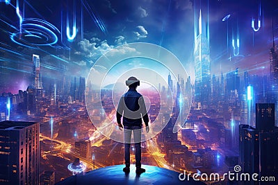 Virtual reality technology world background with VR or AR headset glasses, cyber space futuristic scene, playing virtual game Stock Photo