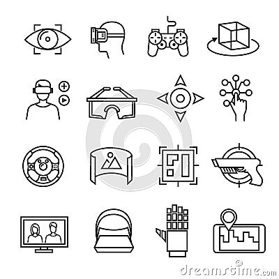 Virtual reality thin line icons equipment, 3D headset glasses, simulation sensor Vector Illustration