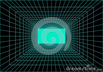 Virtual reality tunnel or wormhole. Perspective grid of empty tunnel with light in the end. Matrix data visualization. Vector Vector Illustration