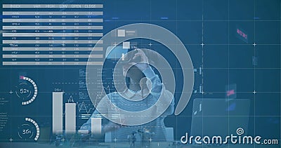 Virtual reality user interacting with data visualization image over charts Stock Photo