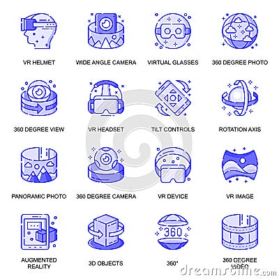 Virtual Reality web flat line icons set. Pack outline pictogram Vector Illustration