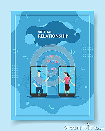 virtual relationship men women on display smartphone screen give flying heart for template of banners, flyer, books cover, Vector Illustration