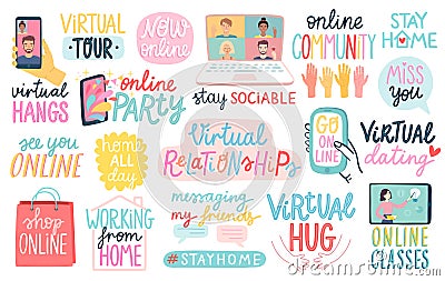 Virtual Relationships during CoronaVirus Covid-19 Quarantine, letterings Vector Illustration