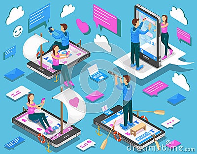 Virtual relationships and online dating isometric concept. Vector Vector Illustration