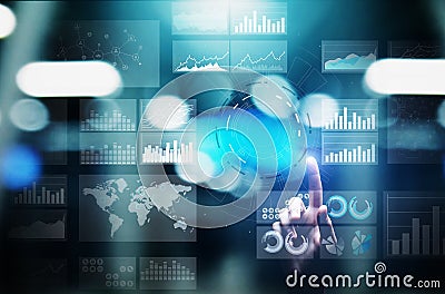 Virtual screen business intelligence dashboard, analytics and big data technology concept. Stock Photo