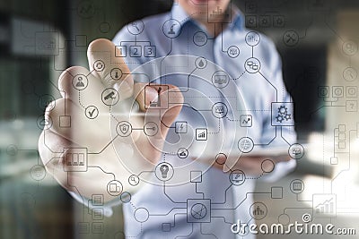 Virtual screen industrial and business organization structure background. Modern technology and internet concept. IOT. Stock Photo