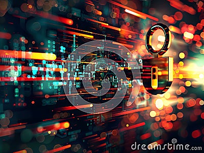 Virtual Security Lock and Key - Abstract Background Encryption Concept Stock Photo