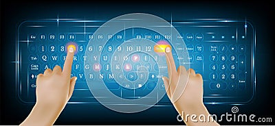 Virtual shiny computer pc keyboard or keypad with two realistic hands on blue Vector Illustration