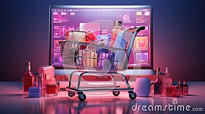A creative photo featuring a virtual shopping cart filled with various products, symbolizing the online shopping Stock Photo