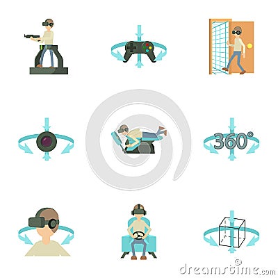 Virtual simulation icons set, cartoon style Vector Illustration