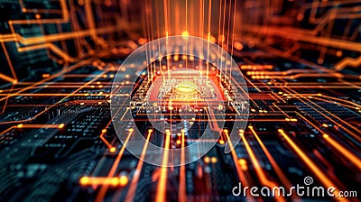 A virtual simulation shows a quantum processor rapidly shuffling and manipulating data showcasing the incredible Stock Photo