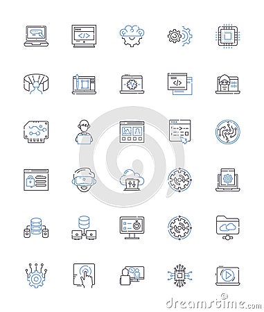 Virtual space line icons collection. Simulation, Immersive, Cyberworld, Digital, Fantasy, Hyperspace, Synthetic vector Vector Illustration