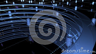 A virtual stage in digital space. Rich glowing data array in the Meta verse. Cryptocurrency assets lined up in an orderly manner. Stock Photo