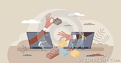 Virtual teambuilding as distant partnership training tiny person concept Vector Illustration