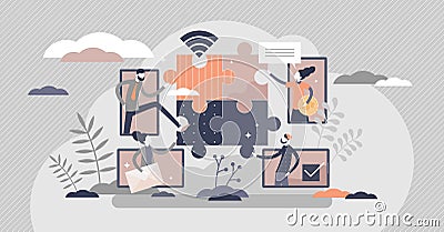 Virtual teams distance working as puzzle solving scene tiny persons concept Vector Illustration