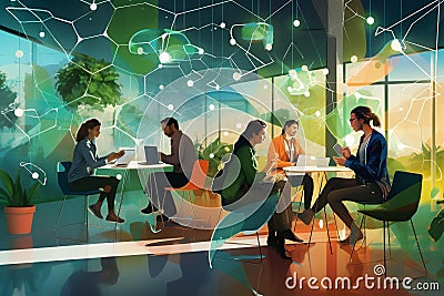 Virtual Teamwork Unleashed: A Vibrant Symphony of Collaboration Cartoon Illustration