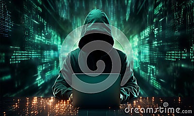 Virtual threat Hacker at laptop, binary code, symbolizing cyber attack Stock Photo