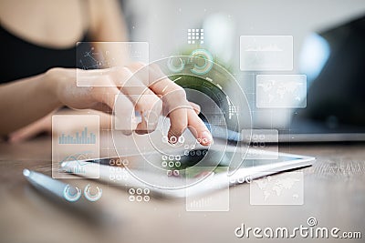 Virtual touch screen. Project management. Data analysis. Hitech technology solutions for business. Development. Stock Photo