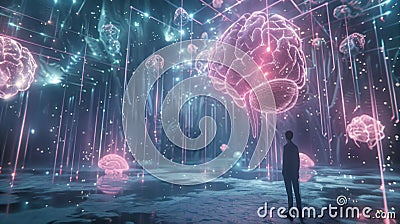 A virtual tour through the brain guided by a continuous stream of data and visuals unlocking mysteries and challenging Stock Photo