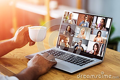 Virtual Video Conference Call Coffee Drinking Stock Photo