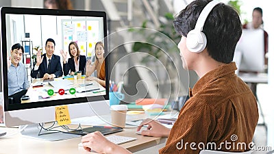 Virtual video conference, Work from home, Brainstorm planing teamwork, Asian business team making video call by web, Group of asia Stock Photo