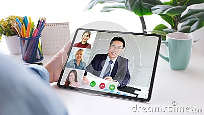 Virtual video conference, Work from home, Brainstorm planing teamwork, Asian business team making video call by web, Group of asia Stock Photo