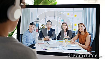 Virtual video conference, Work from home, Brainstorm planing teamwork, Asian business team making video call by web, Group of asia Stock Photo
