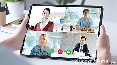 Virtual video conference, Work from home, Brainstorm planing teamwork, Asian business team making video call by web, Group of asia Stock Photo