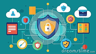 A virtual wall of defense mechanisms shielding a network from unauthorized access and data breaches.. Vector Cartoon Illustration