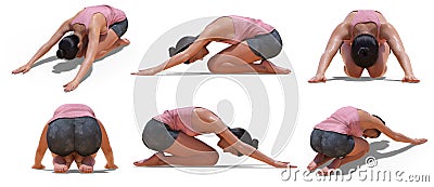 Virtual Woman in Yoga Child Pose with 6 angles of view Stock Photo