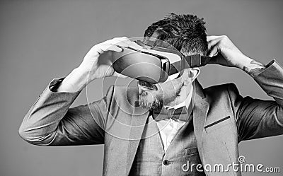 Virtual work. businessman in VR headset. Visual reality. bearded man wear wireless VR glasses. Digital future and Stock Photo