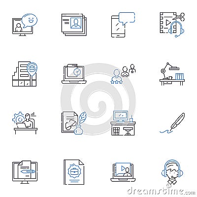 Virtual work line icons collection. Remote, Telecommuting, Digital, Online, Virtual, Distance, Web-based vector and Vector Illustration