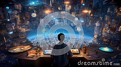 virtual world teeming with intelligent algorithms and futuristic interfaces Stock Photo