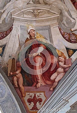 Virtue Ecclesia, fresco by Bernardino Poccetti Ospedale degli Innocenti - Exterior arcade, Florence Stock Photo