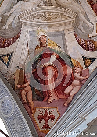 Virtue Ecclesia, fresco by Bernardino Poccetti Ospedale degli Innocenti - Exterior arcade, Florence Stock Photo