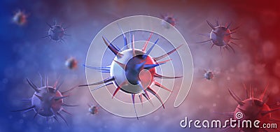 Virus. Abstract vector 3d microbe on blue and red background. Disease germ, pathogen organism, infectious micro virology Cartoon Illustration