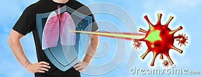 Virus affecting man. Human lungs protected by strong immune system shield Stock Photo